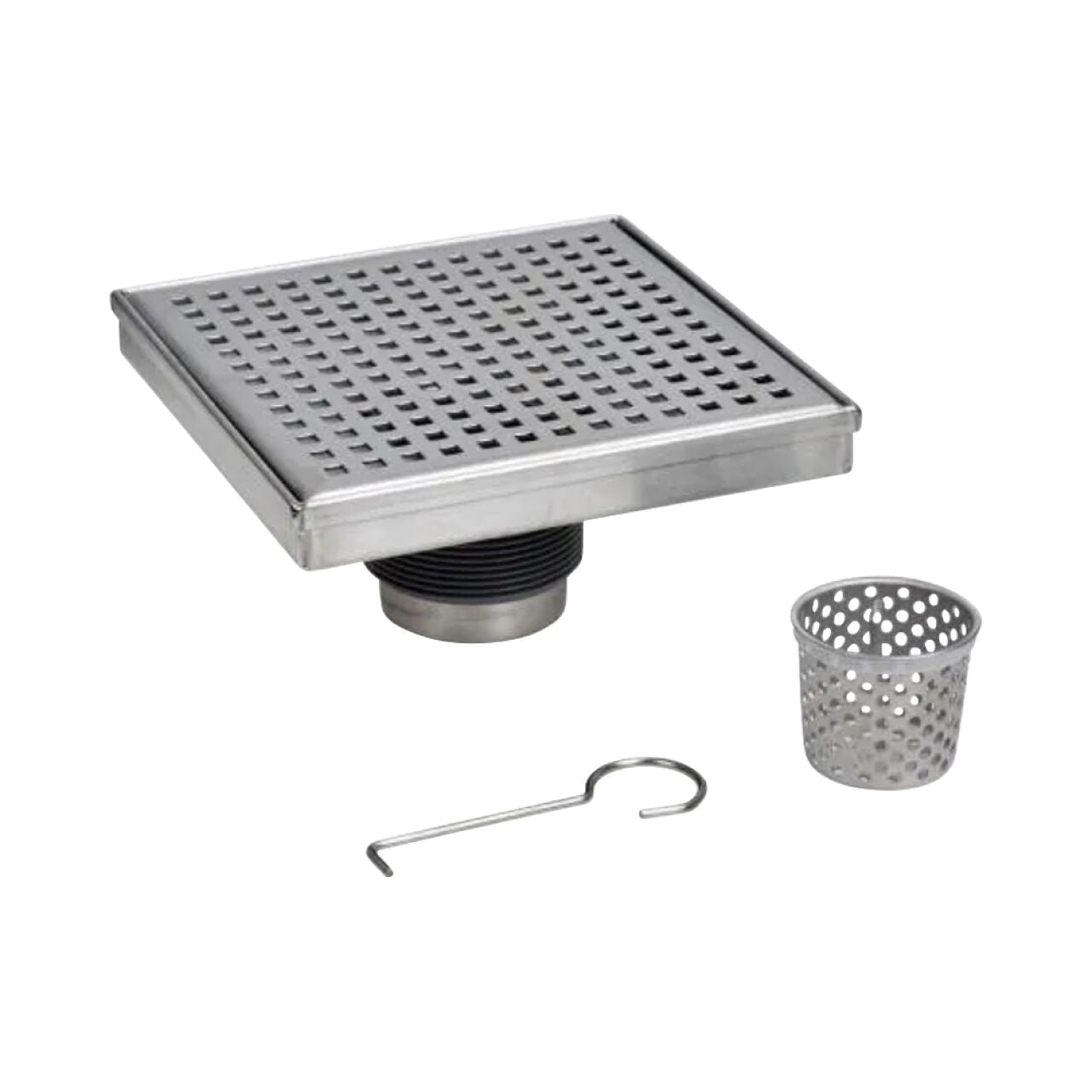 The Go Build 6 in. x 6 in. Designline Stainless Steel Square Shower Drain features a square pattern drain cover, removable basket strainer, and metal hook tool—all shown on a white background.